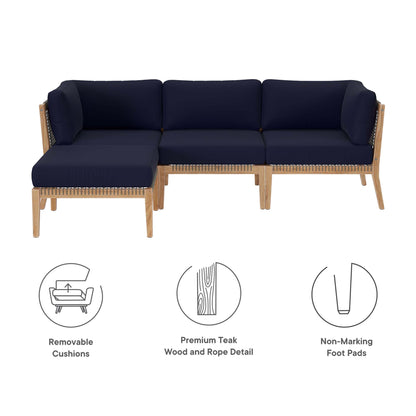 Clearwater 4-Piece Outdoor Patio Teak Wood Sectional Sofa in Gray Navy by Modway (6121)
