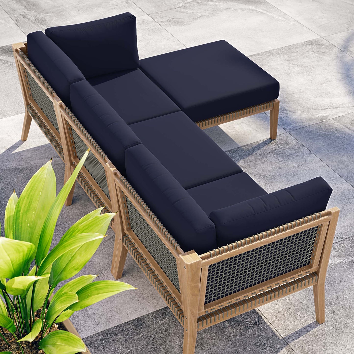Clearwater 4-Piece Outdoor Patio Teak Wood Sectional Sofa in Gray Navy by Modway (6121)