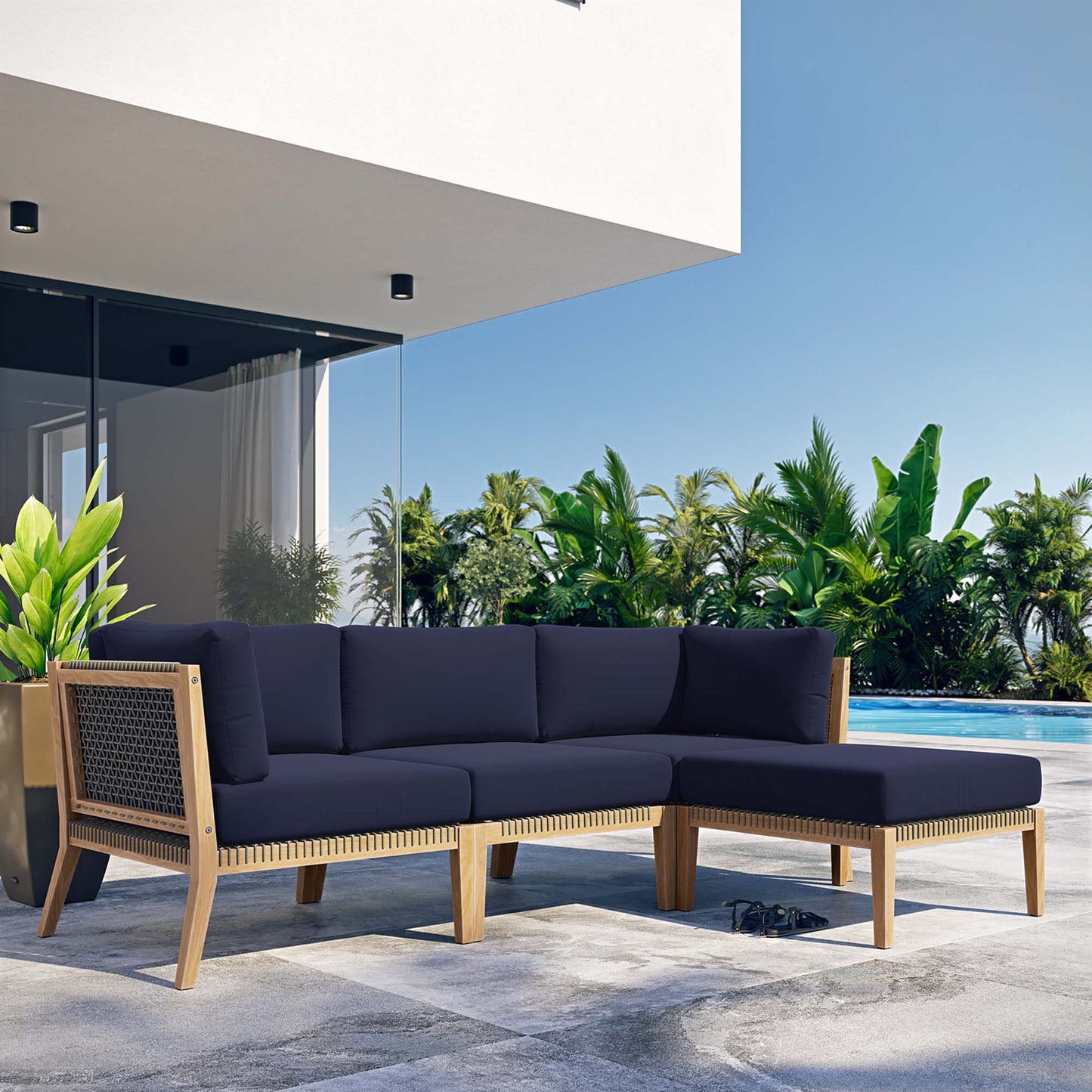 Clearwater 4-Piece Outdoor Patio Teak Wood Sectional Sofa in Gray Navy by Modway (6121)