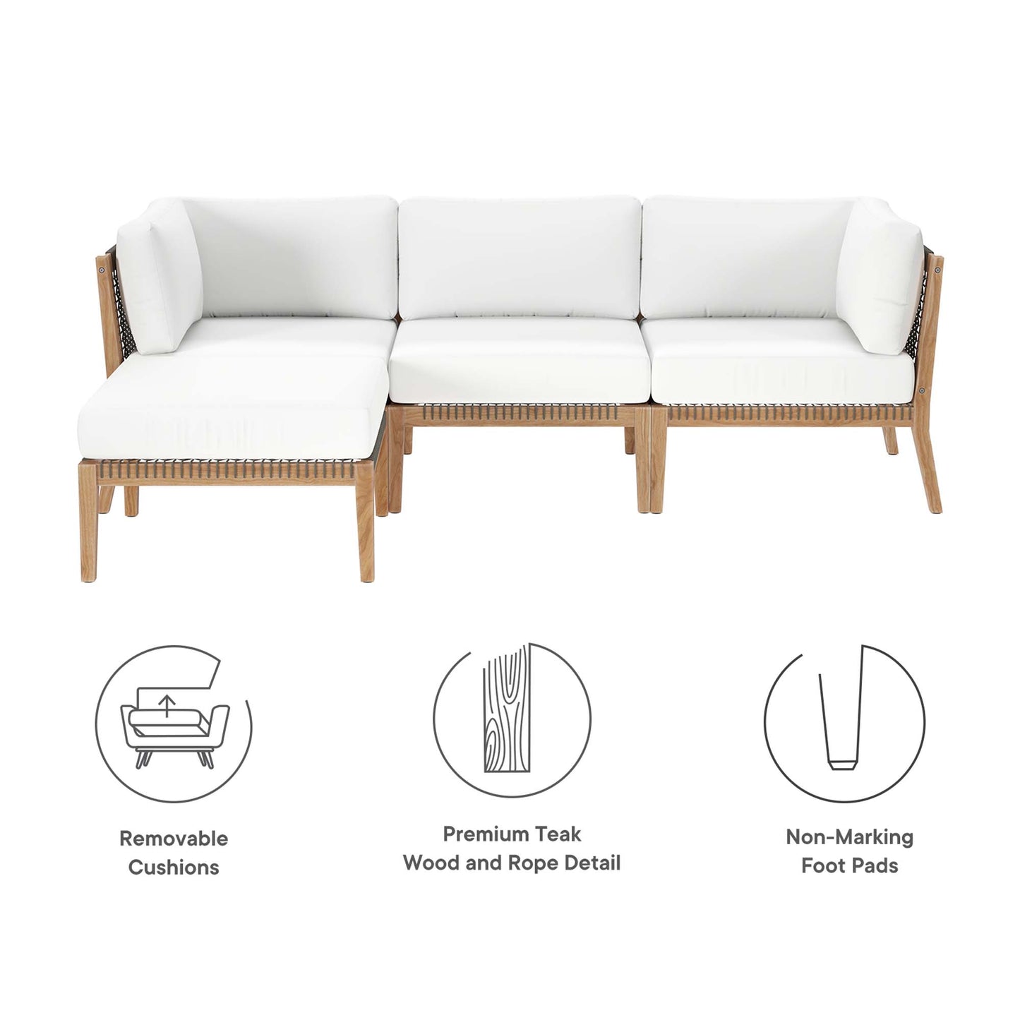 Clearwater 4-Piece Outdoor Patio Teak Wood Sectional Sofa in Gray White by Modway (6121)