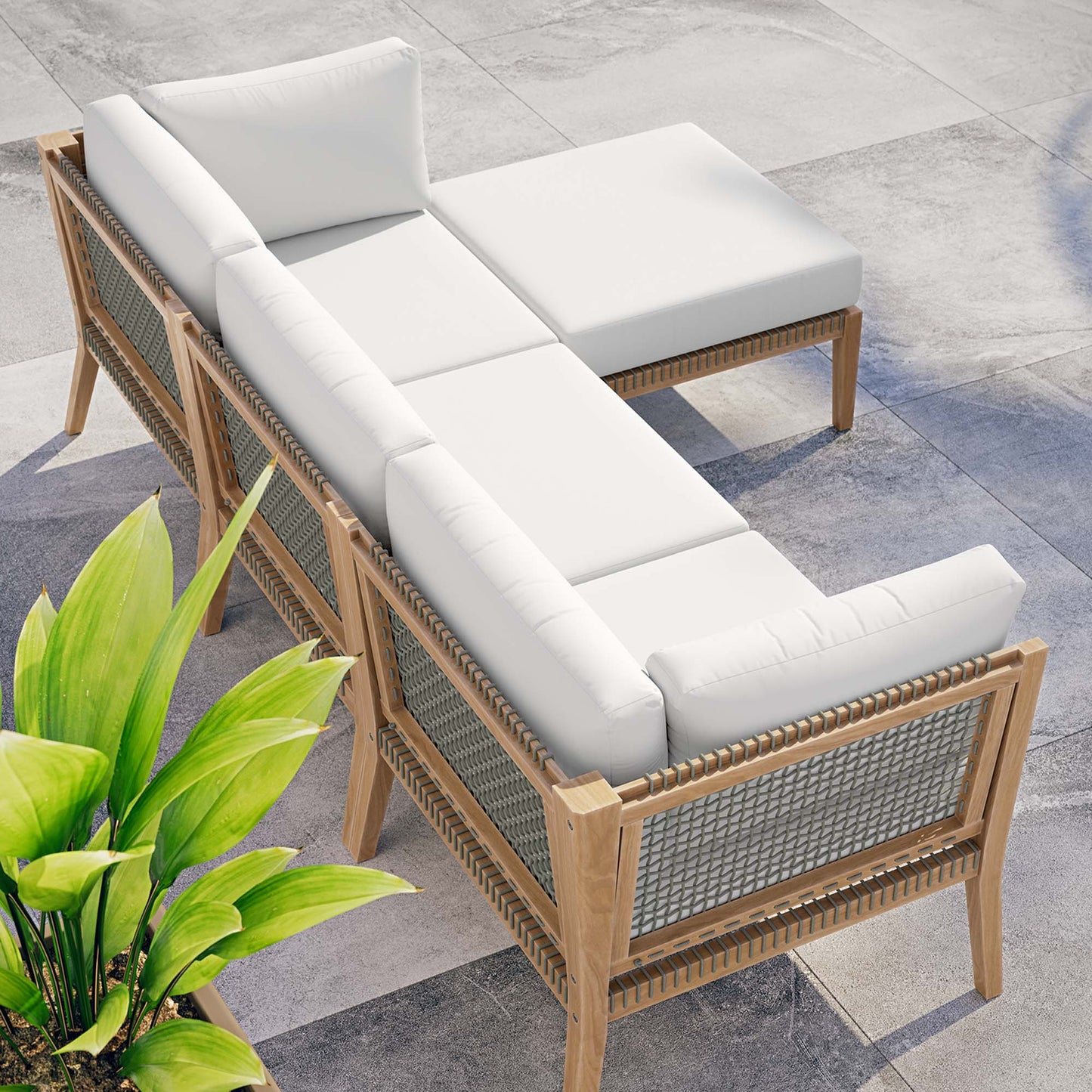 Clearwater 4-Piece Outdoor Patio Teak Wood Sectional Sofa in Gray White by Modway (6121)