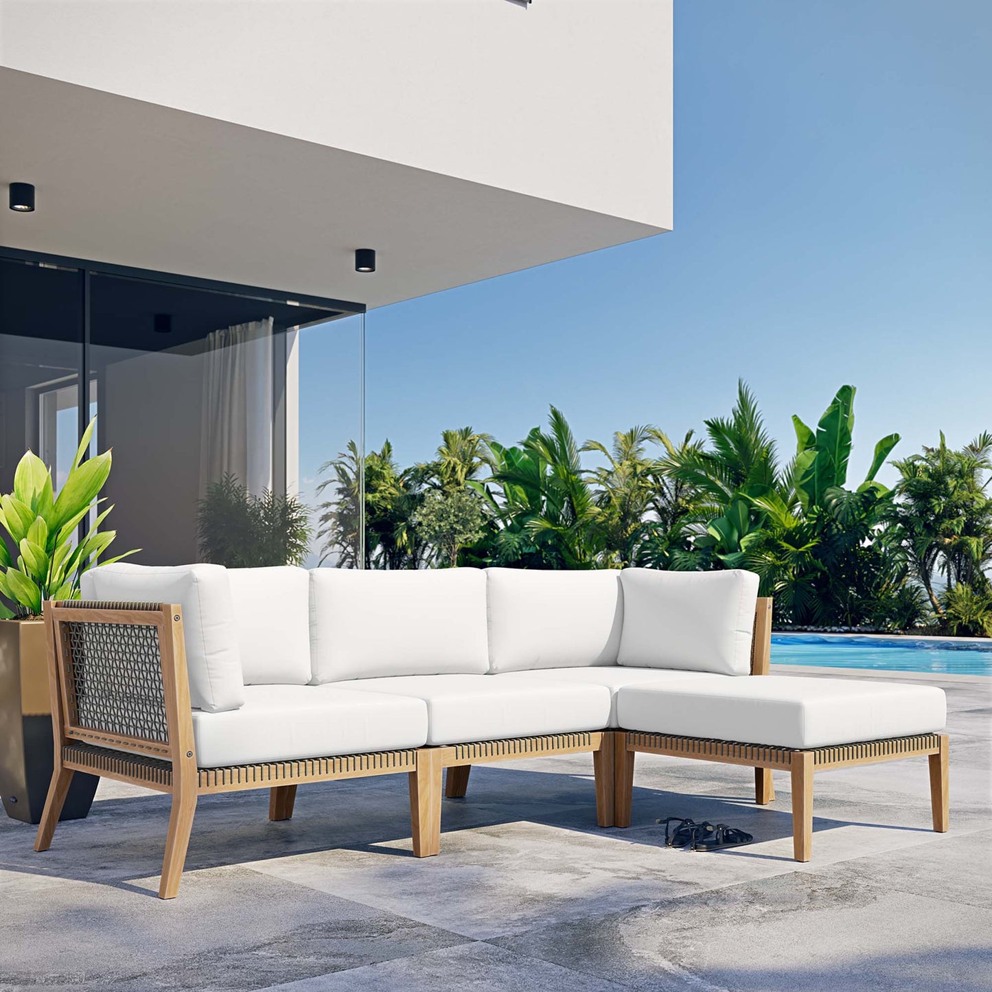 Clearwater 4-Piece Outdoor Patio Teak Wood Sectional Sofa in Gray White by Modway (6121)