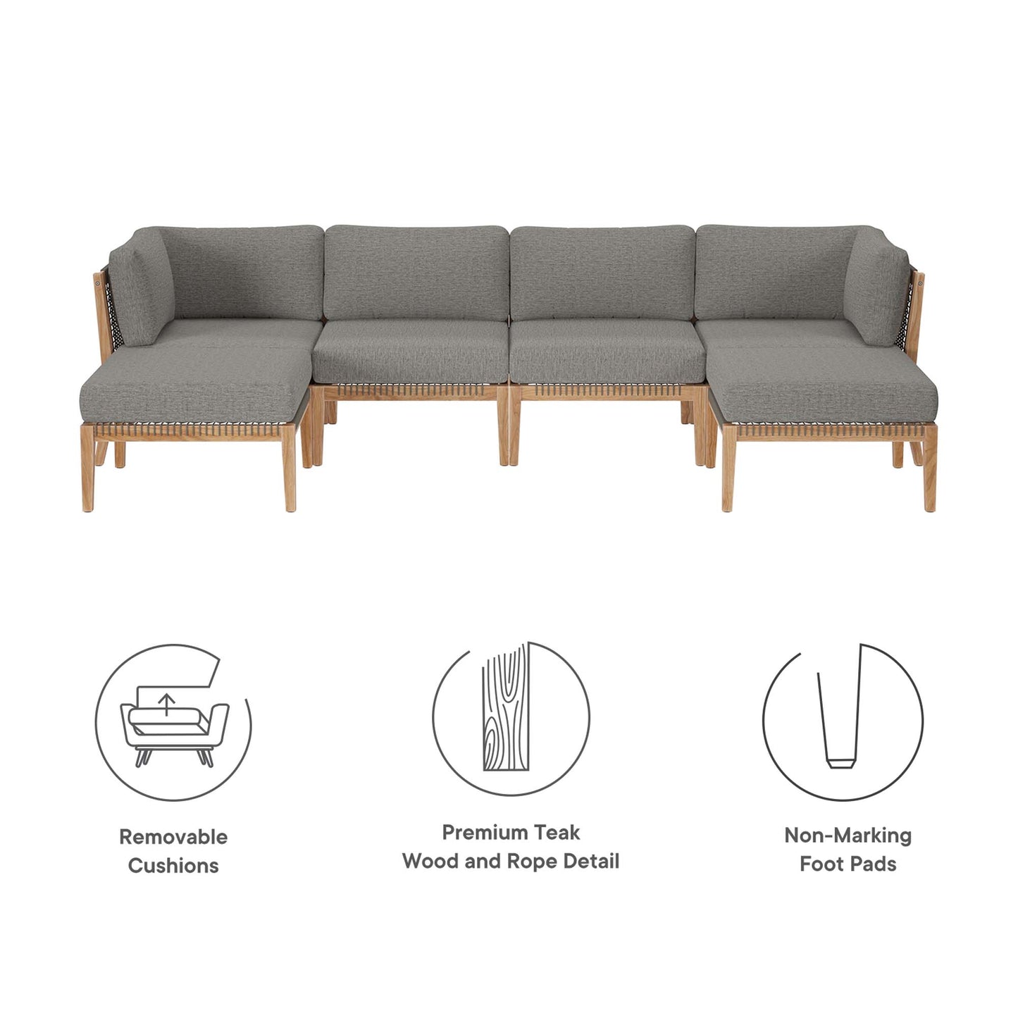 Clearwater 6-Piece Outdoor Patio Teak Wood Sectional Sofa in Gray Graphite by Modway (6122)