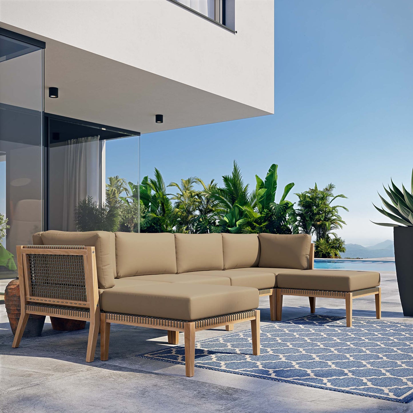 Clearwater 6-Piece Outdoor Patio Teak Wood Sectional Sofa in Gray Light Brown by Modway (6122)