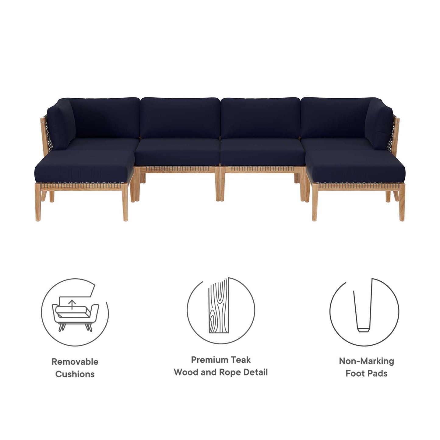 Clearwater 6-Piece Outdoor Patio Teak Wood Sectional Sofa in Gray Navy by Modway (6122)