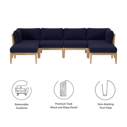 Clearwater 6-Piece Outdoor Patio Teak Wood Sectional Sofa in Gray Navy by Modway (6122)