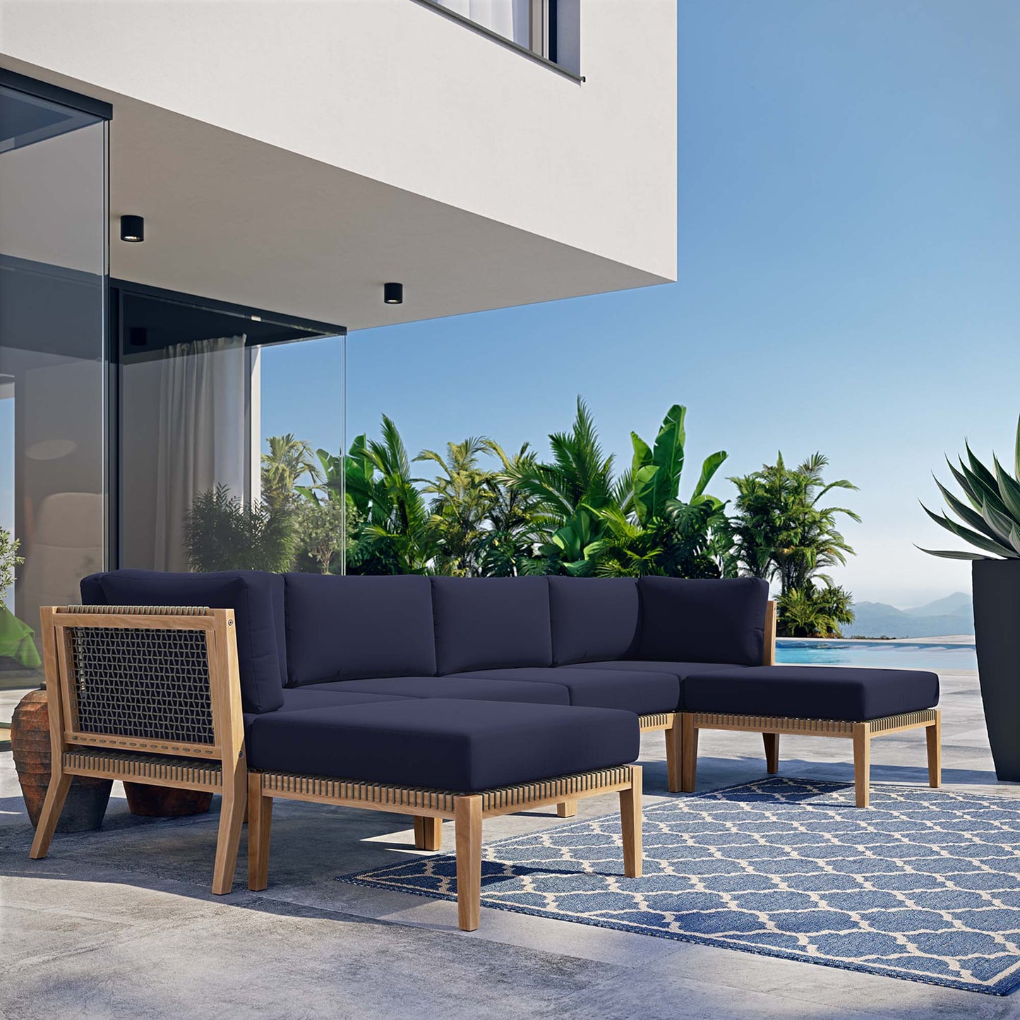 Clearwater 6-Piece Outdoor Patio Teak Wood Sectional Sofa in Gray Navy by Modway (6122)