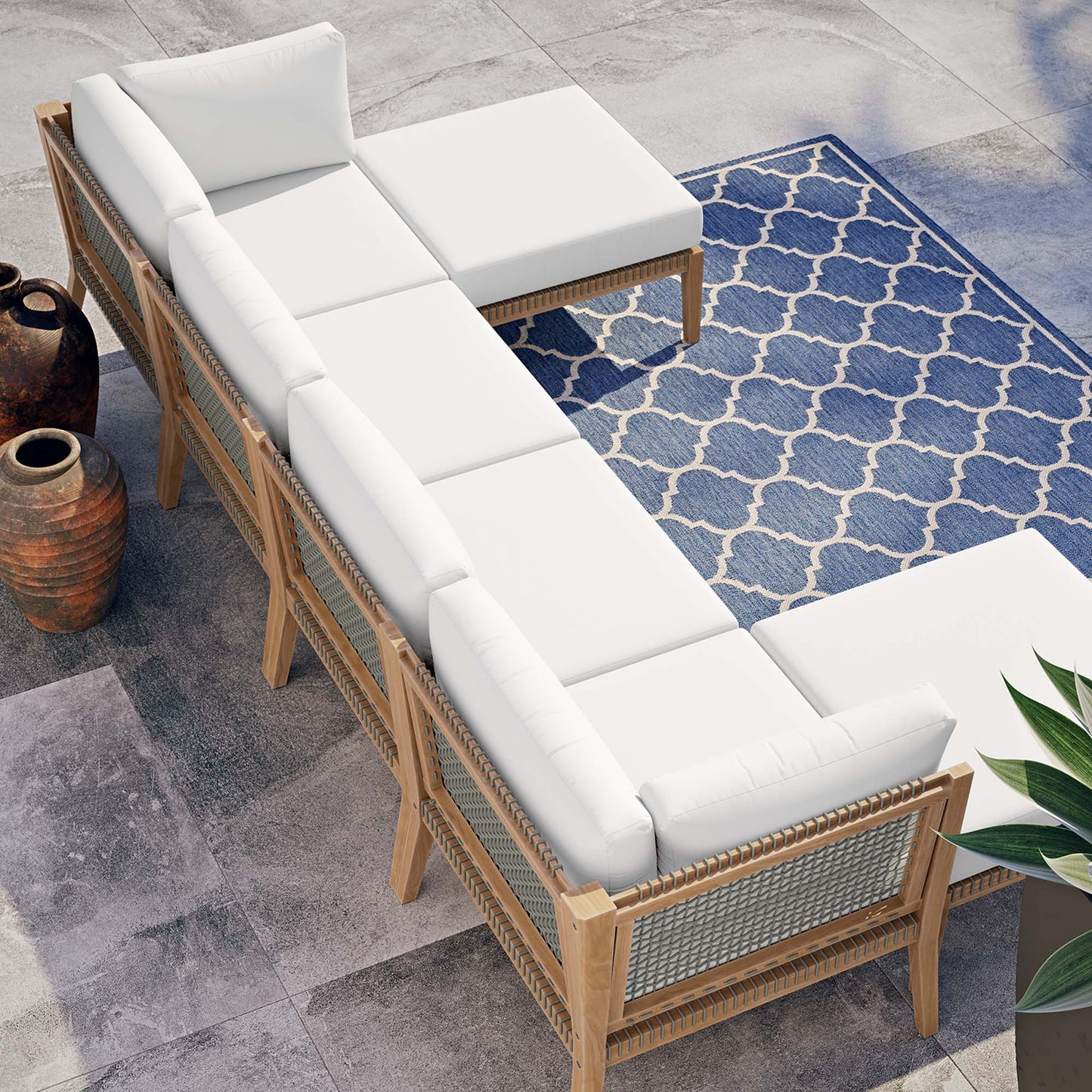 Clearwater 6-Piece Outdoor Patio Teak Wood Sectional Sofa in Gray White by Modway (6122)