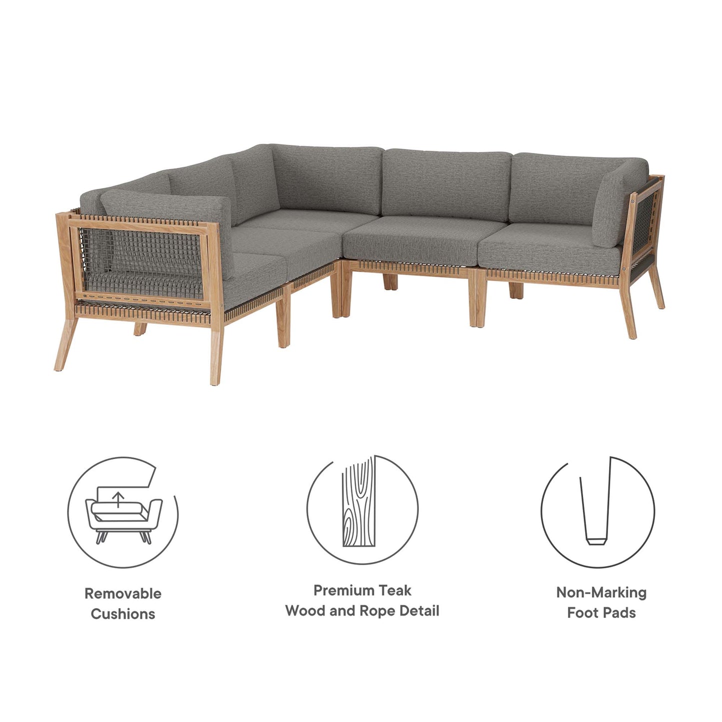 Clearwater 5-Piece Outdoor Patio Teak Wood Sectional Sofa in Gray Graphite by Modway (6123)