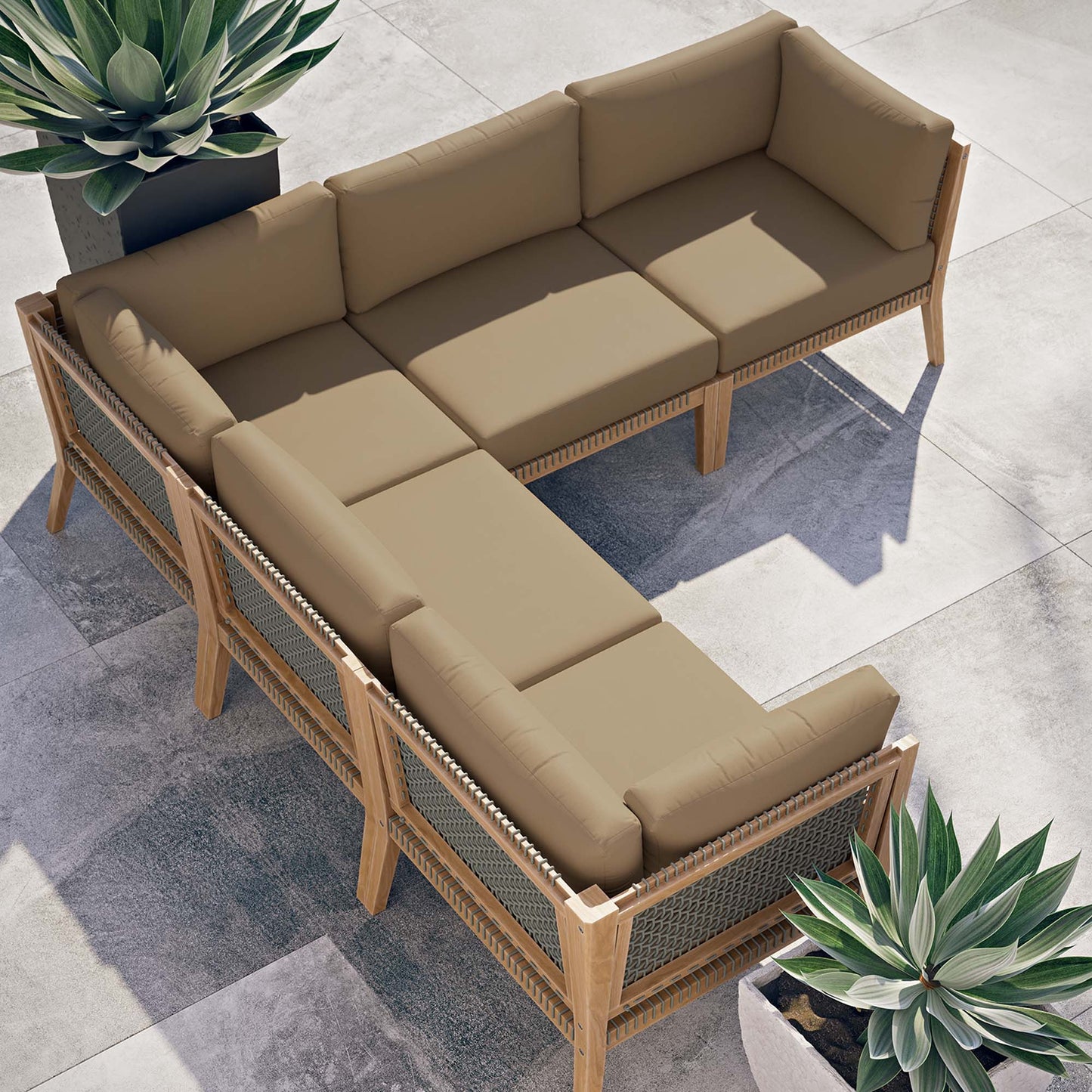 Clearwater 5-Piece Outdoor Patio Teak Wood Sectional Sofa in Gray Light Brown by Modway (6123)