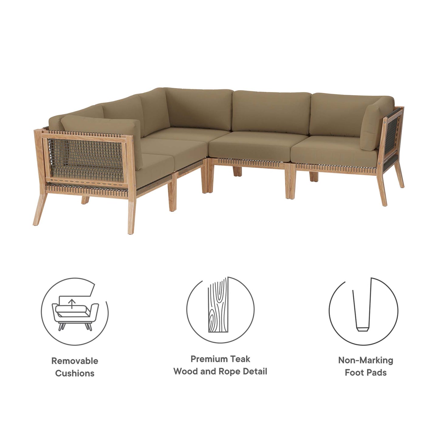 Clearwater 5-Piece Outdoor Patio Teak Wood Sectional Sofa in Gray Light Brown by Modway (6123)