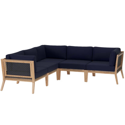 Clearwater 5-Piece Outdoor Patio Teak Wood Sectional Sofa in Gray Navy by Modway (6123)