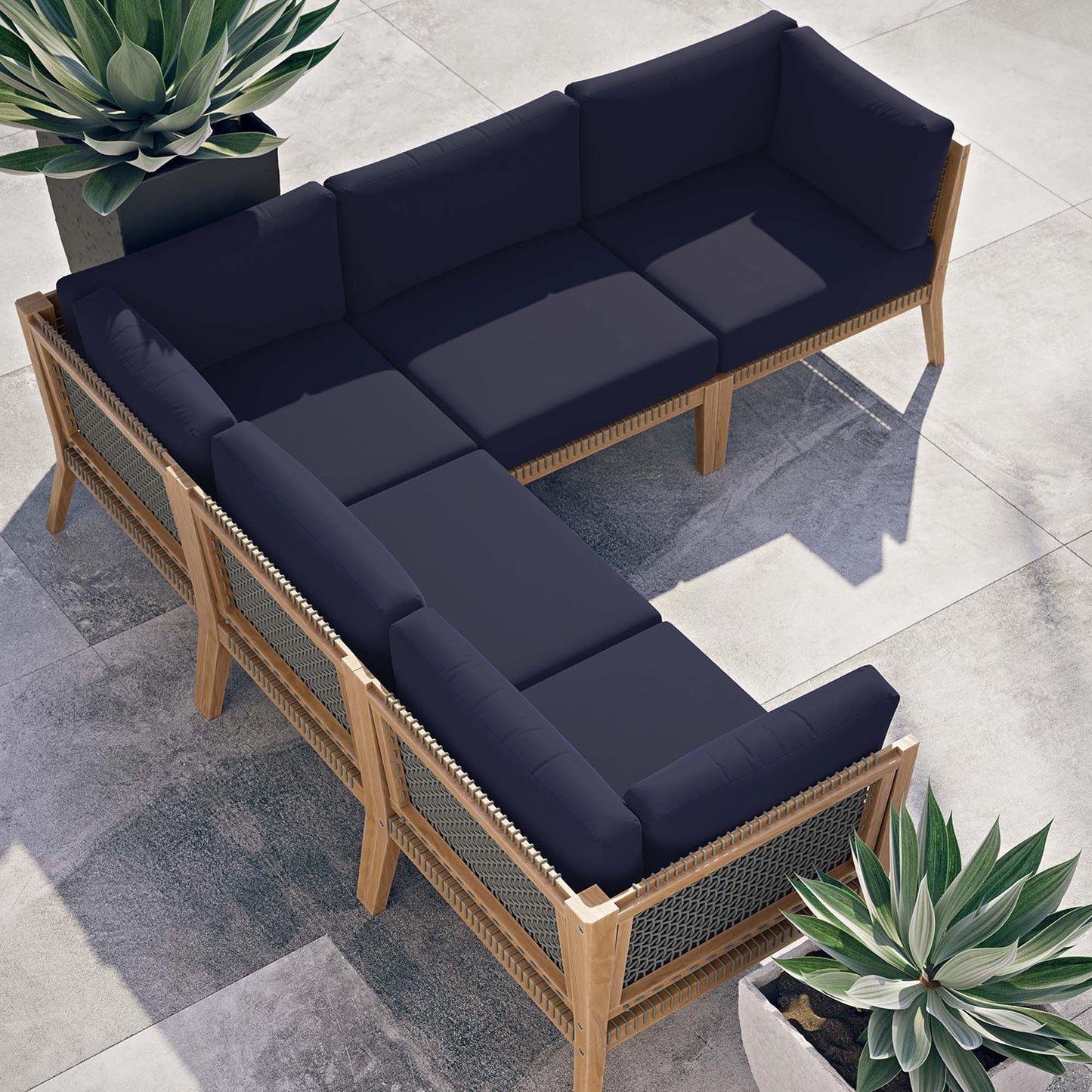 Clearwater 5-Piece Outdoor Patio Teak Wood Sectional Sofa in Gray Navy by Modway (6123)
