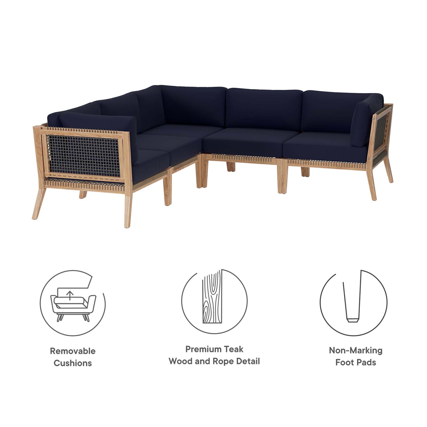 Clearwater 5-Piece Outdoor Patio Teak Wood Sectional Sofa in Gray Navy by Modway (6123)