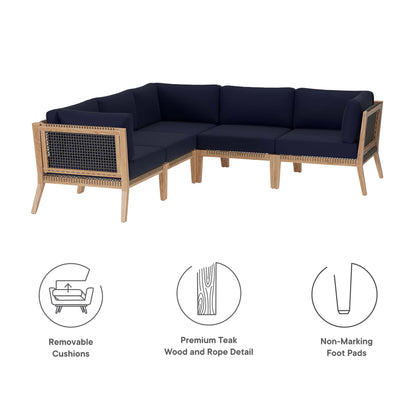 Clearwater 5-Piece Outdoor Patio Teak Wood Sectional Sofa in Gray Navy by Modway (6123)