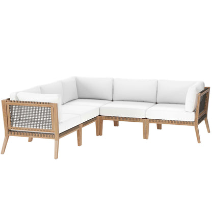 Clearwater 5-Piece Outdoor Patio Teak Wood Sectional Sofa in Gray White by Modway (6123)