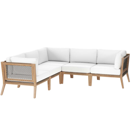 Clearwater 5-Piece Outdoor Patio Teak Wood Sectional Sofa in Gray White by Modway (6123)
