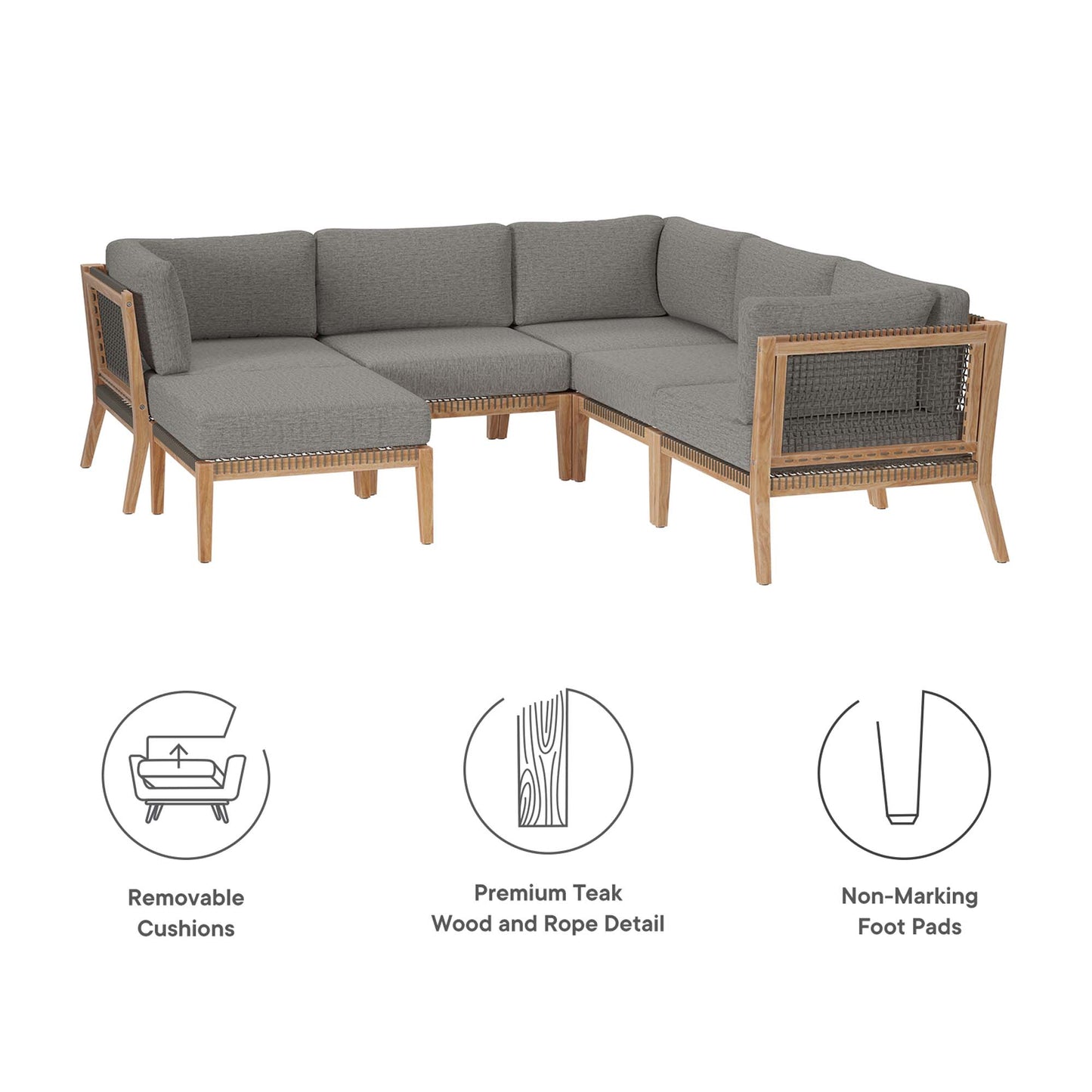 Clearwater 6-Piece Outdoor Patio Teak Wood Sectional Sofa in Gray Graphite by Modway (6124)