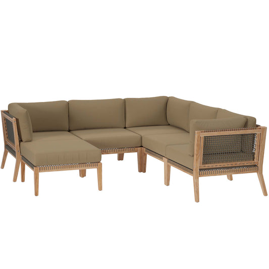 Clearwater 6-Piece Outdoor Patio Teak Wood Sectional Sofa in Gray Light Brown by Modway (6124)