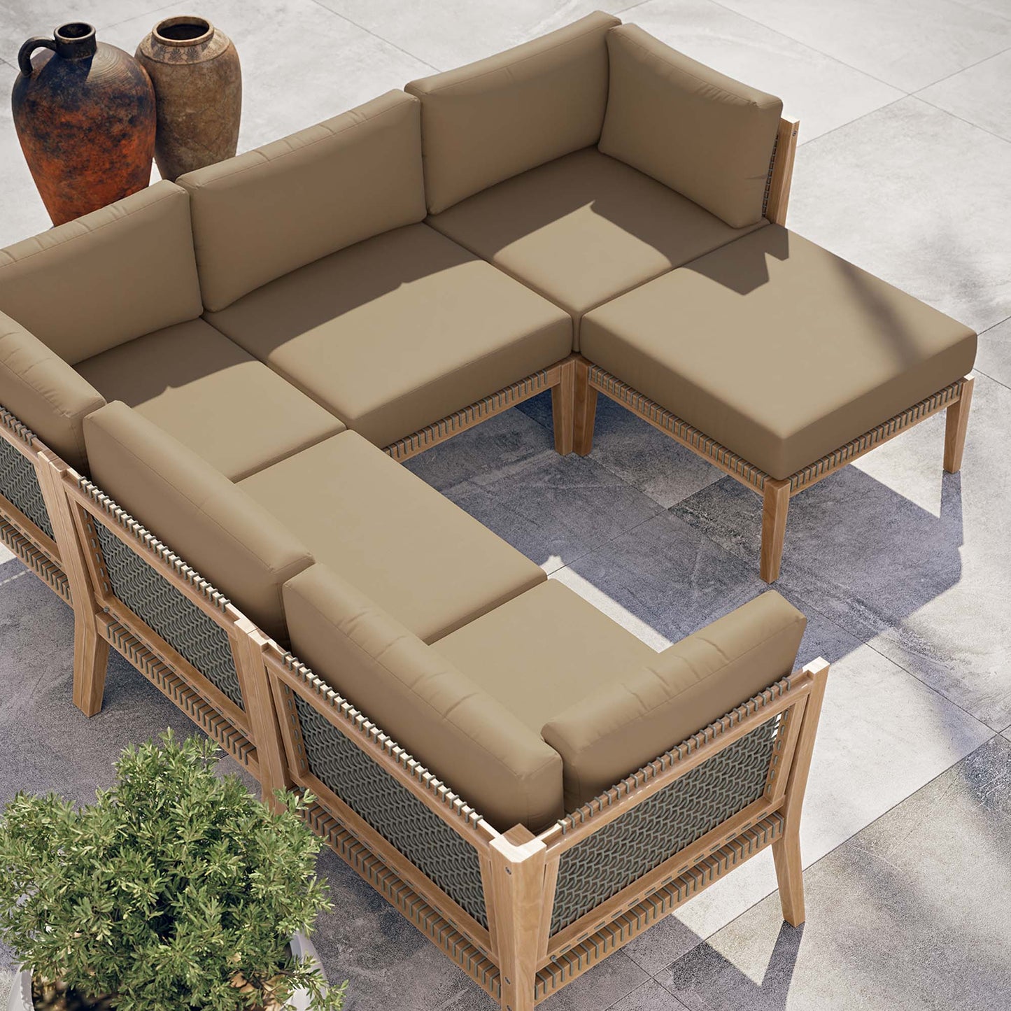 Clearwater 6-Piece Outdoor Patio Teak Wood Sectional Sofa in Gray Light Brown by Modway (6124)