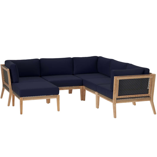 Clearwater 6-Piece Outdoor Patio Teak Wood Sectional Sofa in Gray Navy by Modway (6124)
