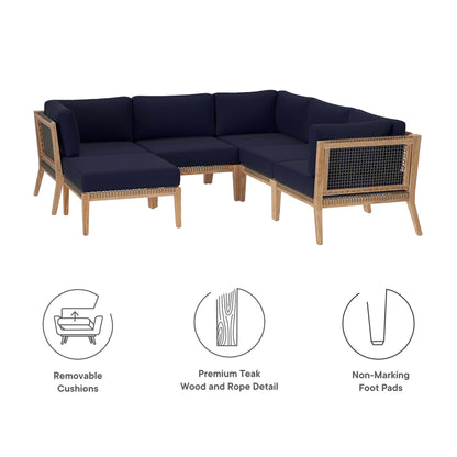 Clearwater 6-Piece Outdoor Patio Teak Wood Sectional Sofa in Gray Navy by Modway (6124)