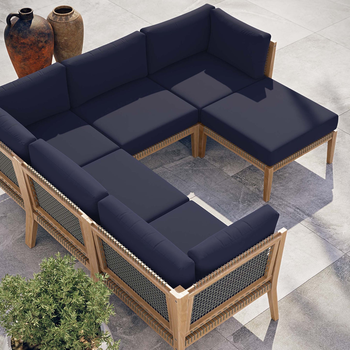 Clearwater 6-Piece Outdoor Patio Teak Wood Sectional Sofa in Gray Navy by Modway (6124)