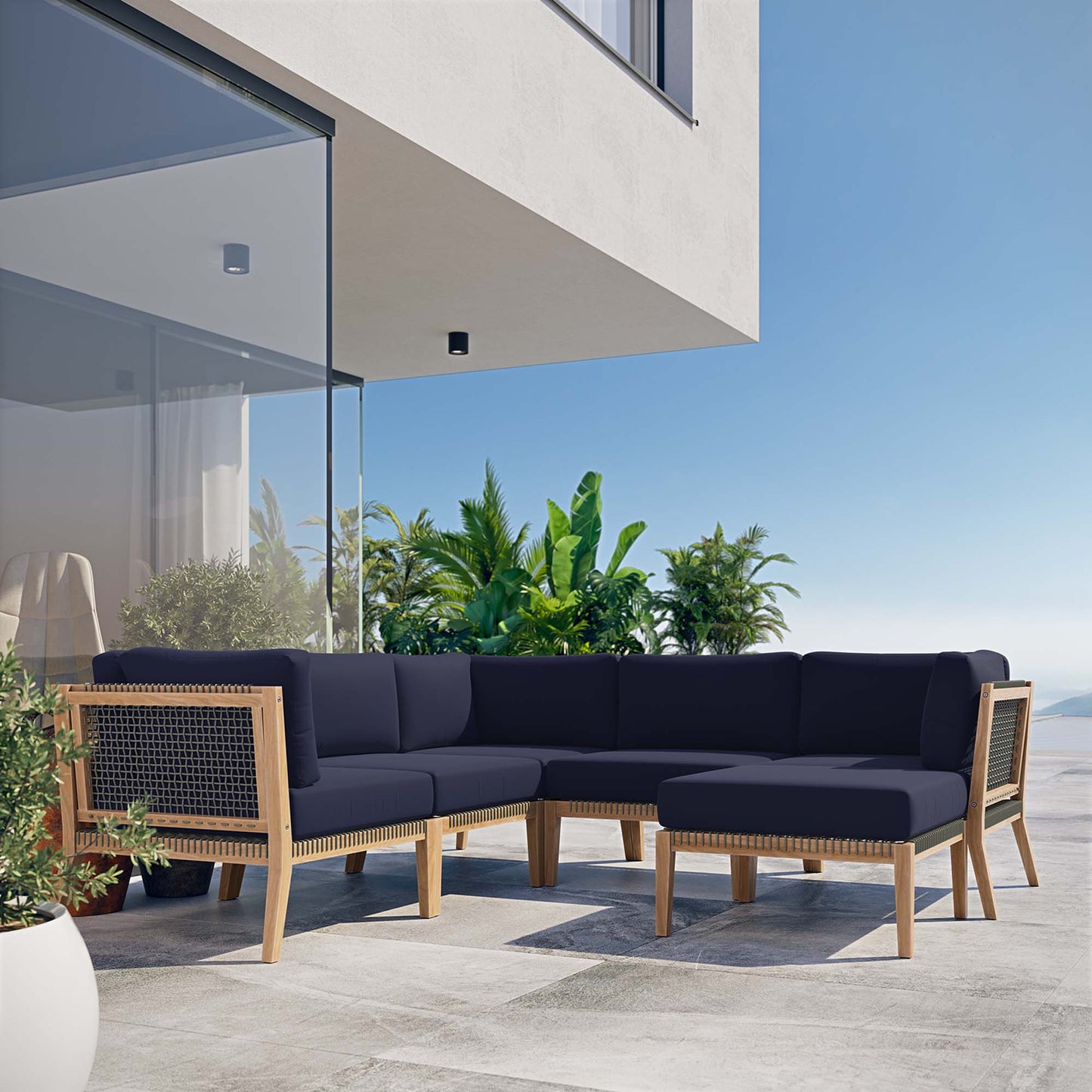 Clearwater 6-Piece Outdoor Patio Teak Wood Sectional Sofa in Gray Navy by Modway (6124)