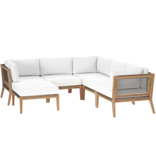Clearwater 6-Piece Outdoor Patio Teak Wood Sectional Sofa in Gray White by Modway (6124)