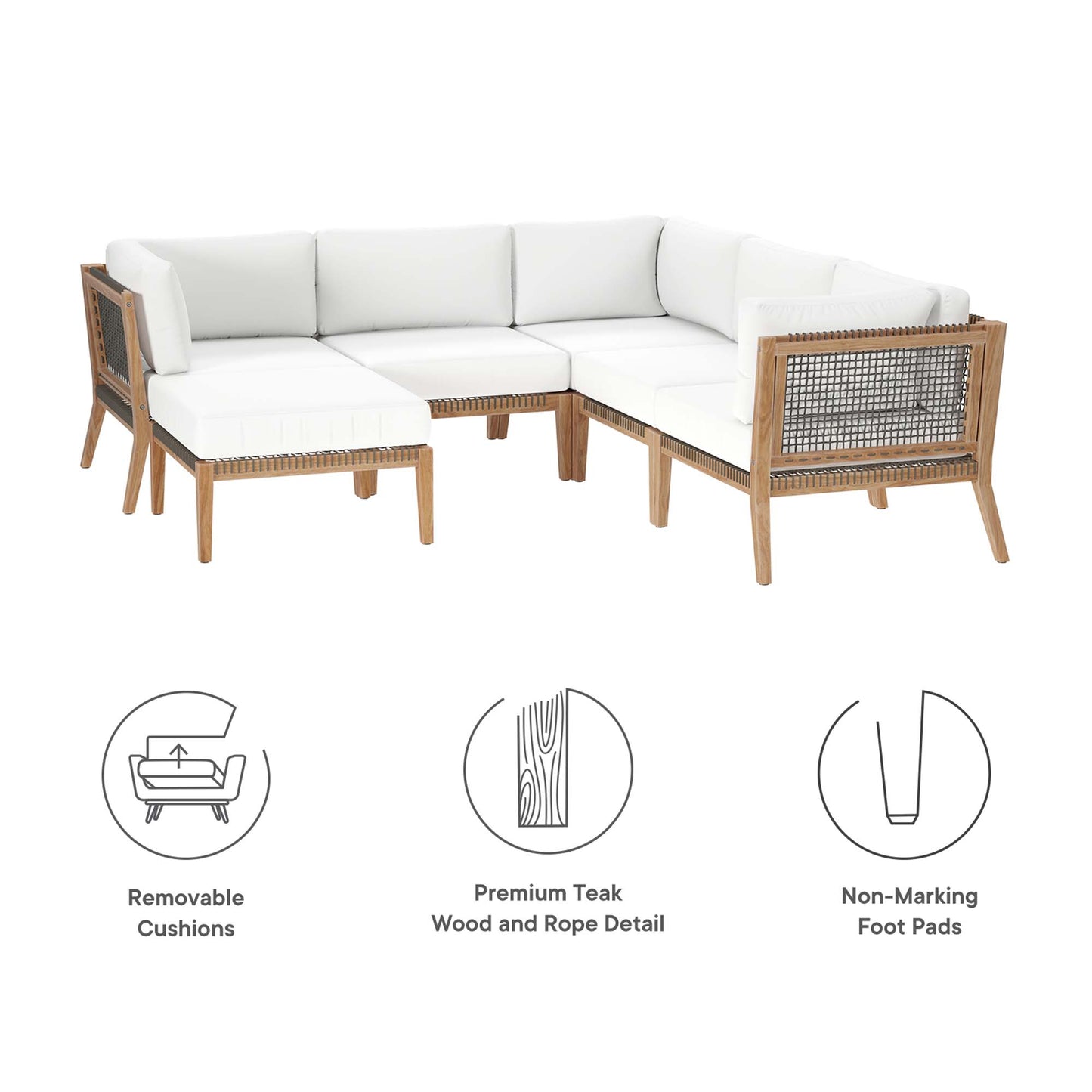Clearwater 6-Piece Outdoor Patio Teak Wood Sectional Sofa in Gray White by Modway (6124)