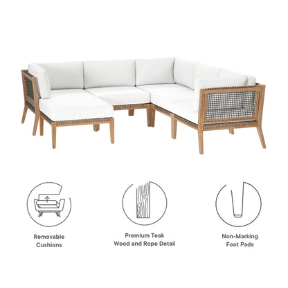 Clearwater 6-Piece Outdoor Patio Teak Wood Sectional Sofa in Gray White by Modway (6124)