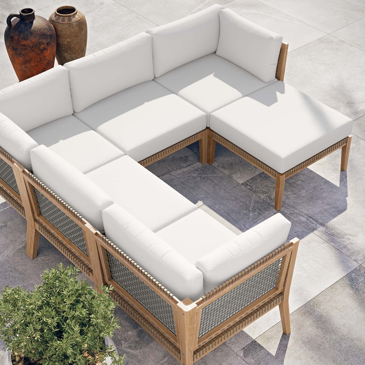 Clearwater 6-Piece Outdoor Patio Teak Wood Sectional Sofa in Gray White by Modway (6124)