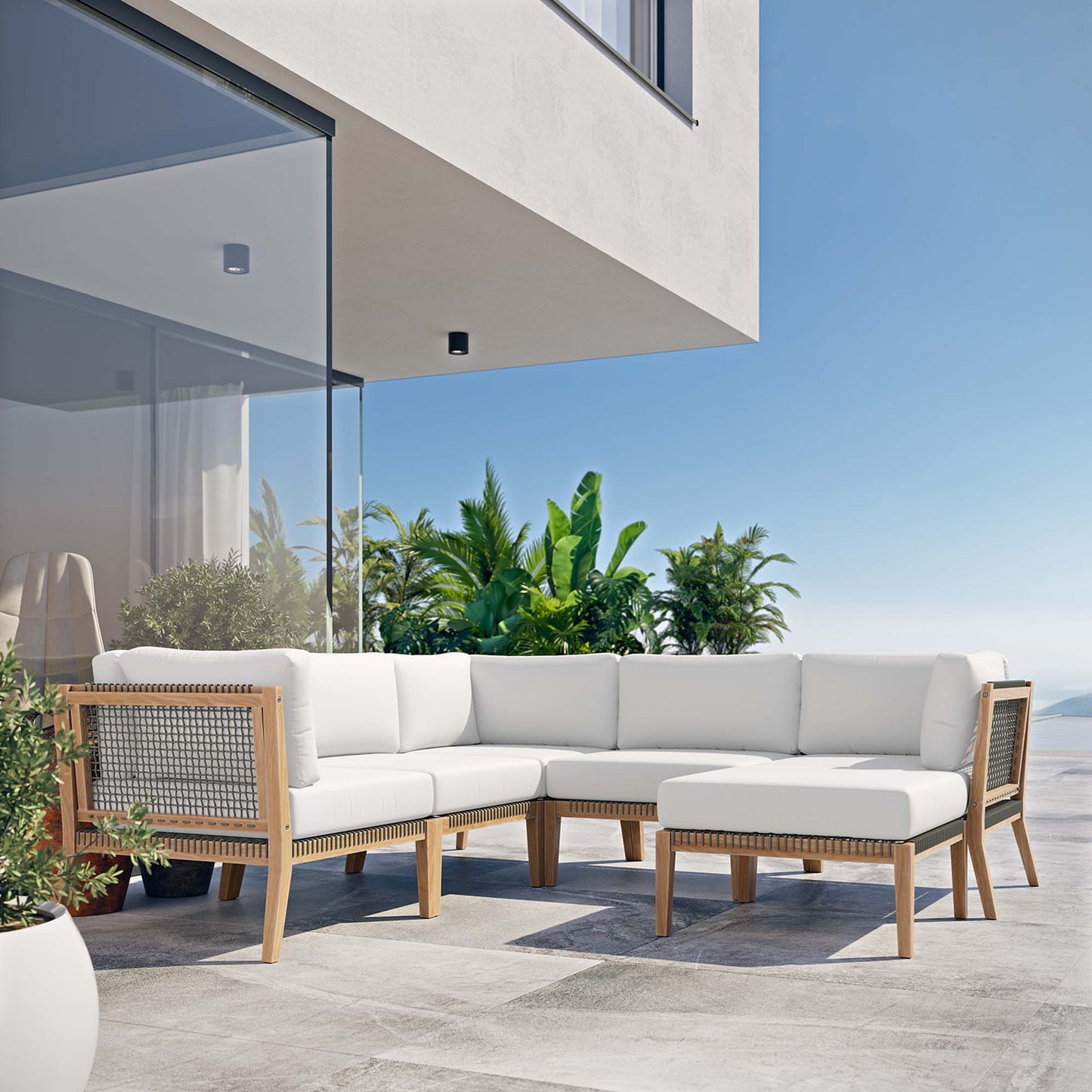 Clearwater 6-Piece Outdoor Patio Teak Wood Sectional Sofa in Gray White by Modway (6124)