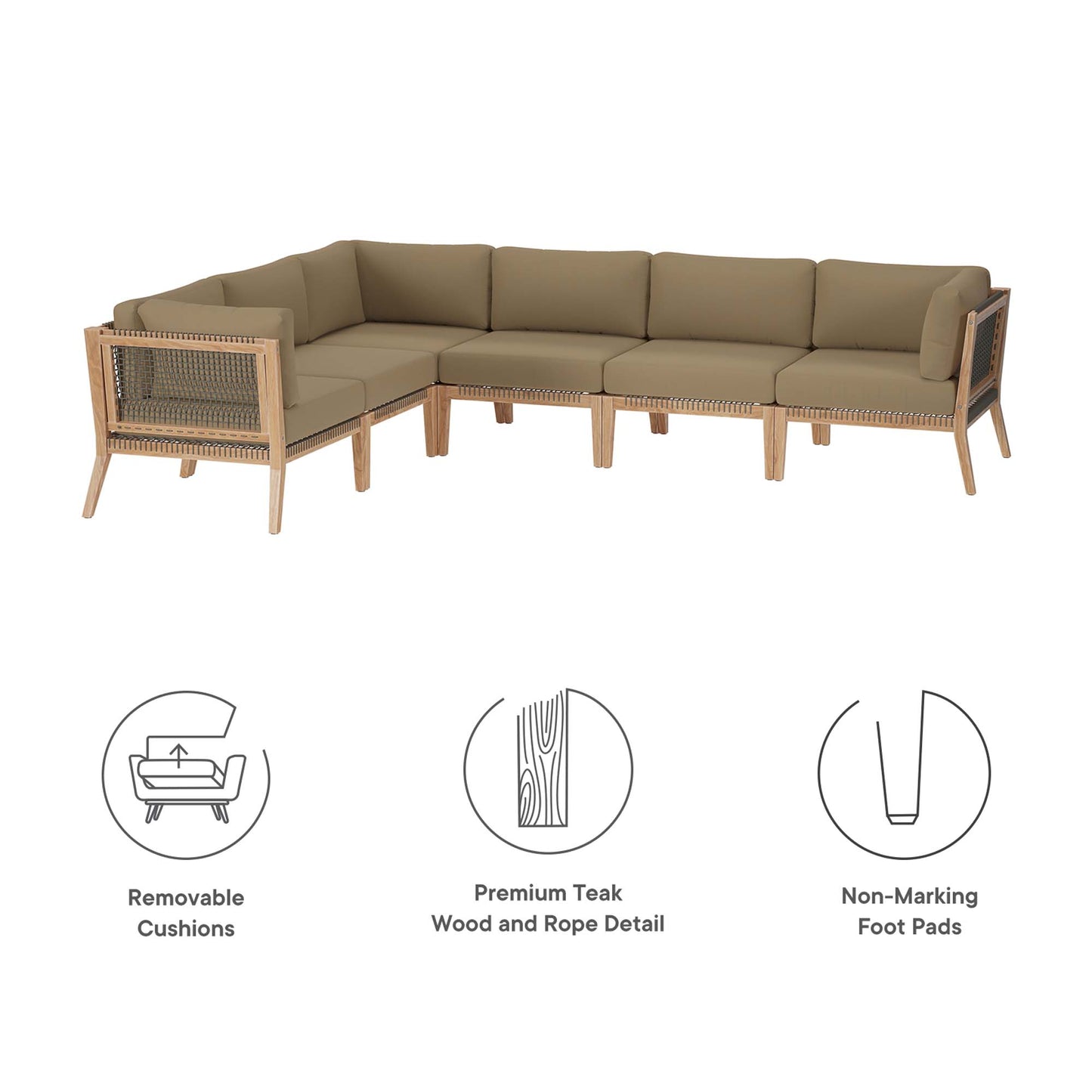 Clearwater 6-Piece Outdoor Patio Teak Wood Sectional Sofa in Gray Light Brown by Modway (6125)