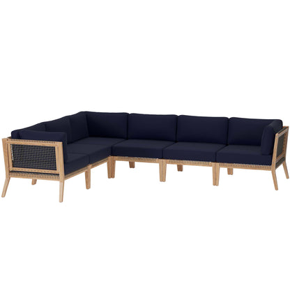 Clearwater 6-Piece Outdoor Patio Teak Wood Sectional Sofa in Gray Navy by Modway (6125)