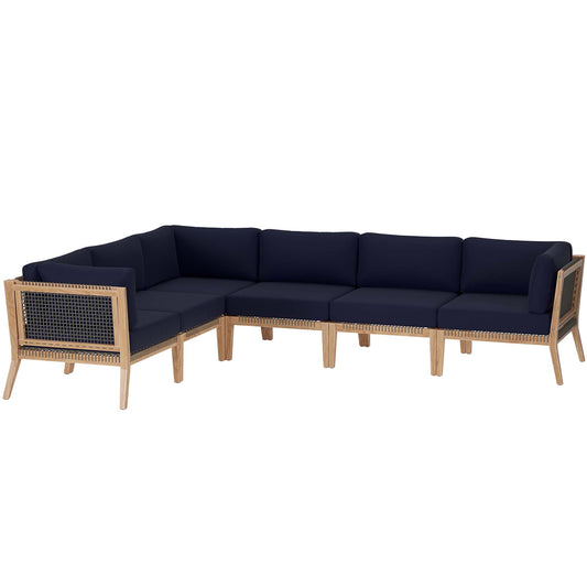 Clearwater 6-Piece Outdoor Patio Teak Wood Sectional Sofa in Gray Navy by Modway (6125)
