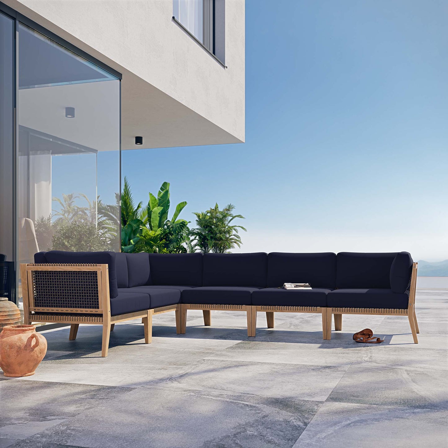 Clearwater 6-Piece Outdoor Patio Teak Wood Sectional Sofa in Gray Navy by Modway (6125)
