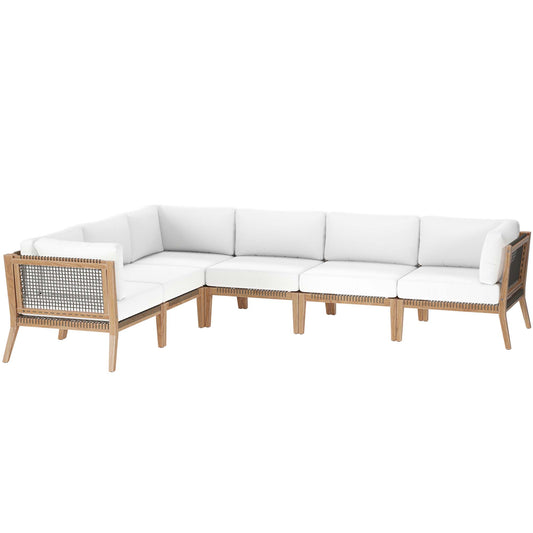 Clearwater 6-Piece Outdoor Patio Teak Wood Sectional Sofa in Gray White by Modway (6125)
