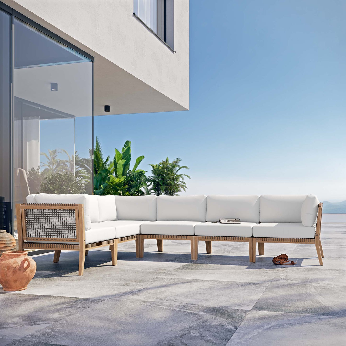 Clearwater 6-Piece Outdoor Patio Teak Wood Sectional Sofa in Gray White by Modway (6125)