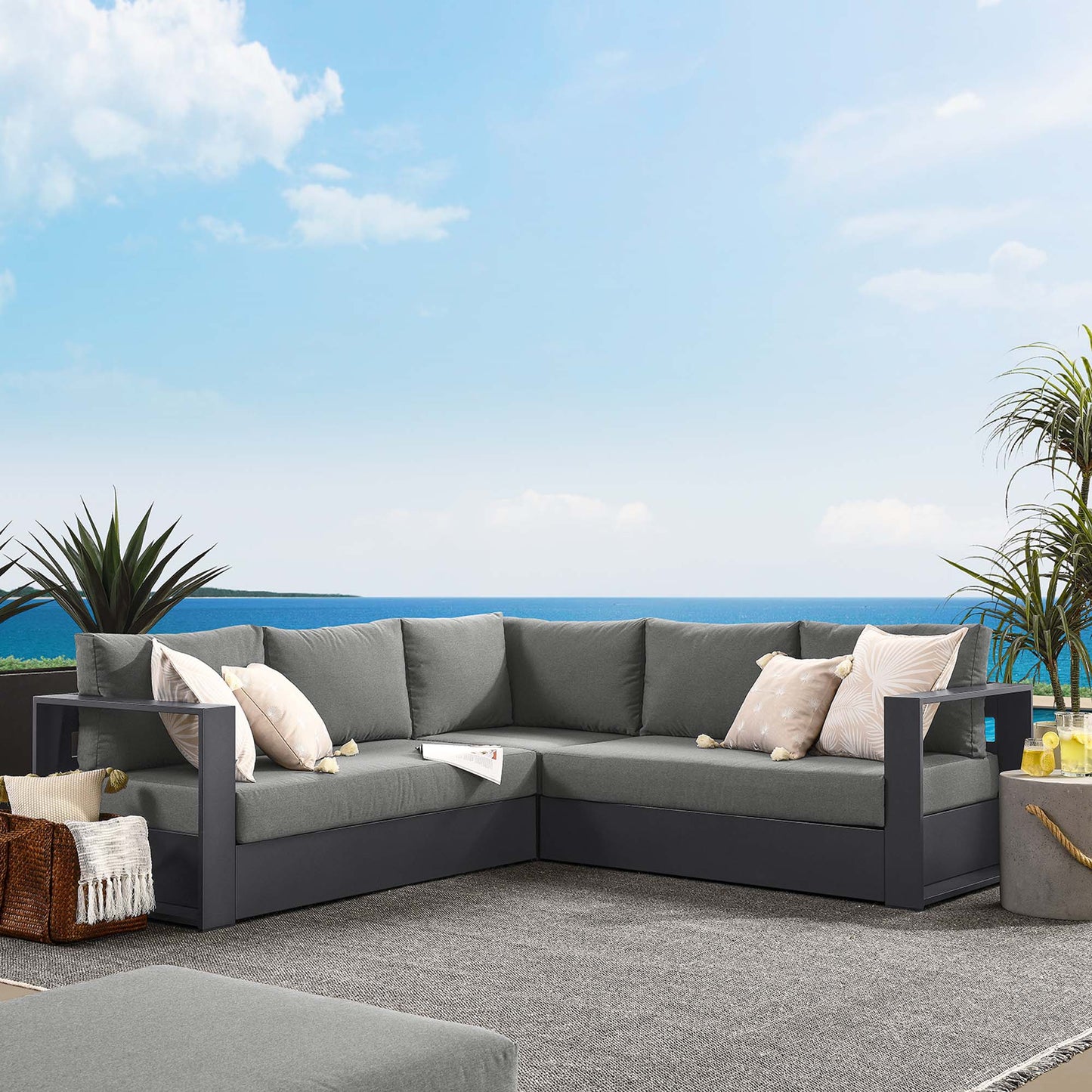 Tahoe 3-Piece Outdoor Patio Powder-Coated Aluminum Sectional Sofa Set in Gray Charcoal by Modway (6668)
