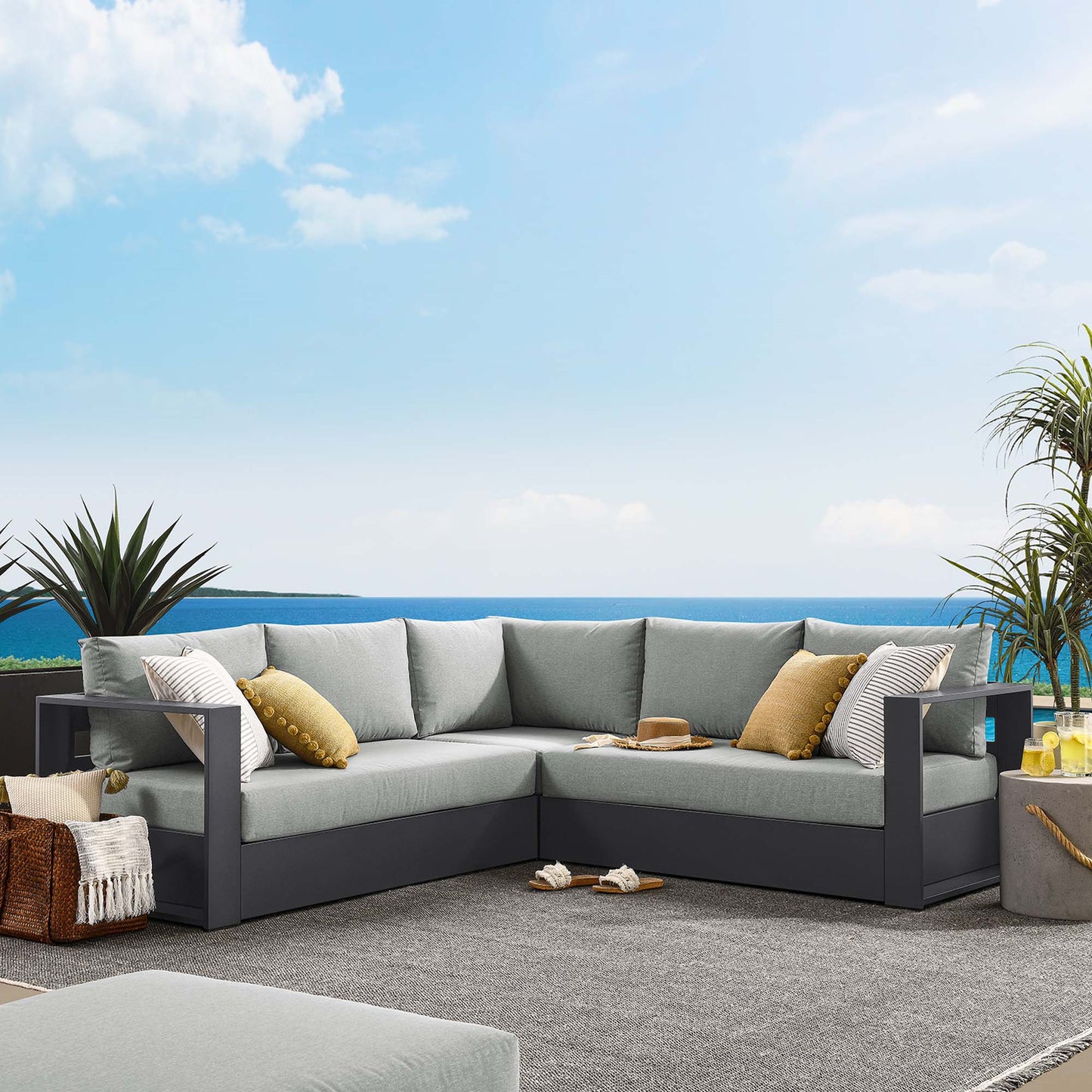 Tahoe 3-Piece Outdoor Patio Powder-Coated Aluminum Sectional Sofa Set in Gray Gray by Modway (6668)