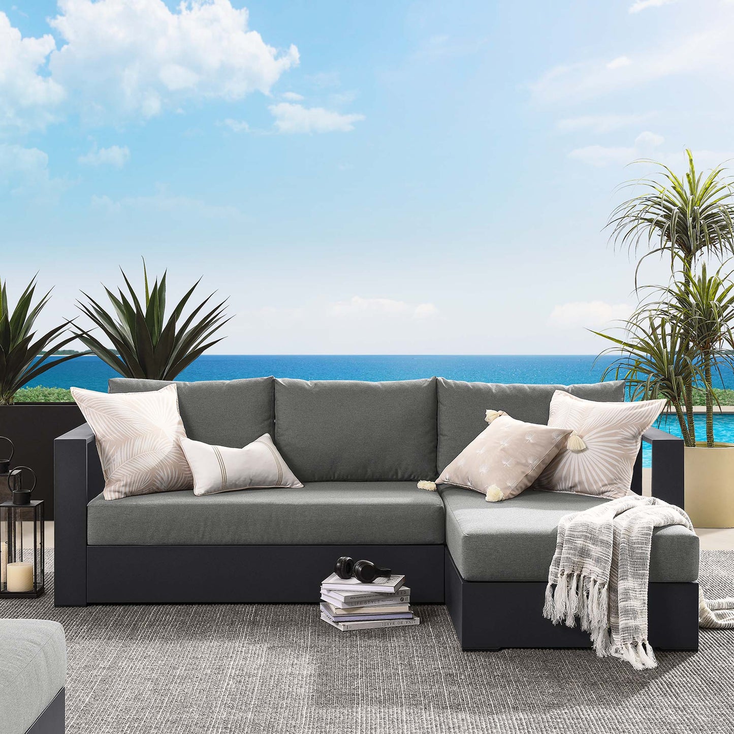 Tahoe 2-Piece Outdoor Patio Powder-Coated Aluminum Right-Facing Chaise Sectional Sofa Set in Gray Charcoal by Modway (6669)