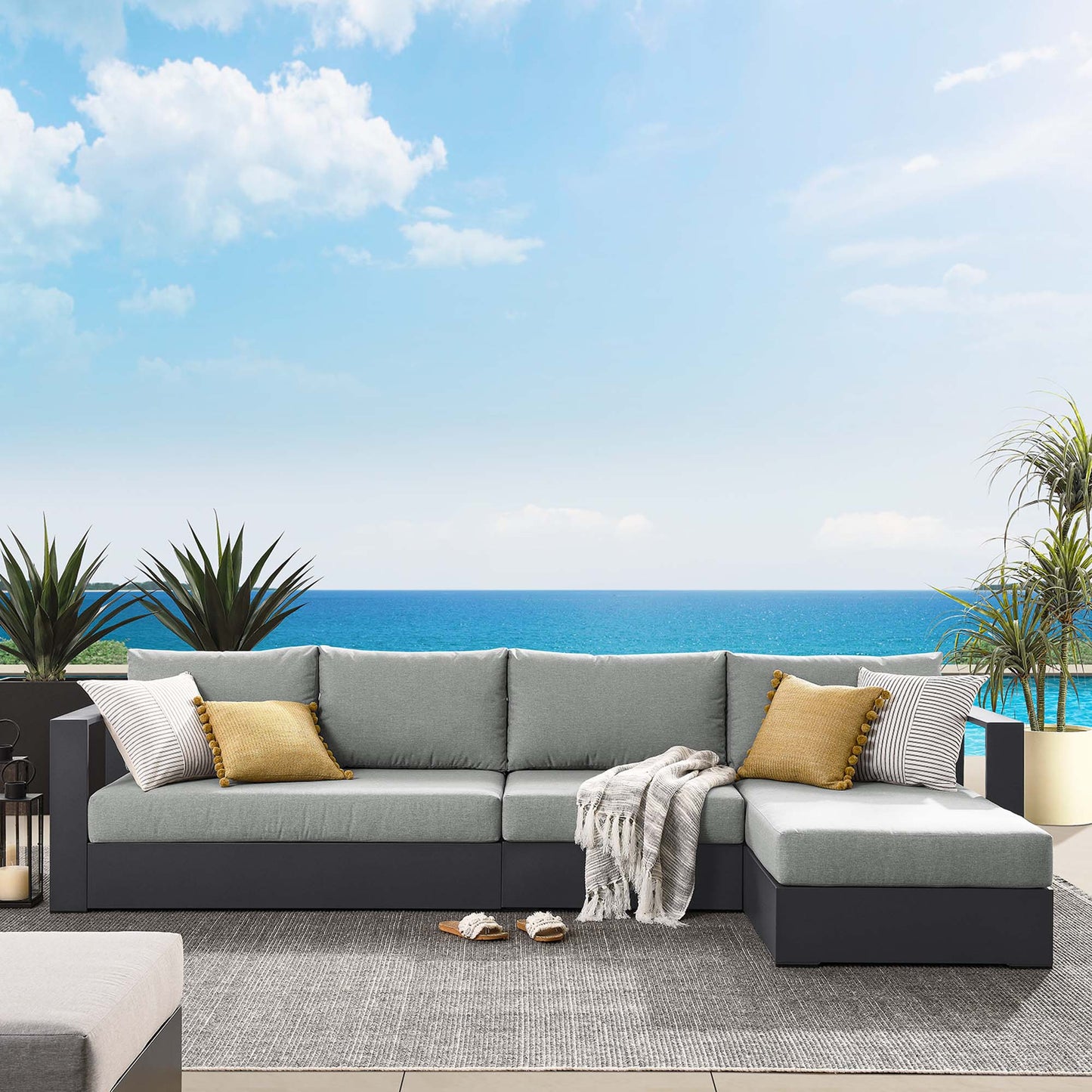 Tahoe 3-Piece Outdoor Patio Powder-Coated Aluminum Right-Facing Chaise Sectional Sofa Set in Gray Gray by Modway (6671)