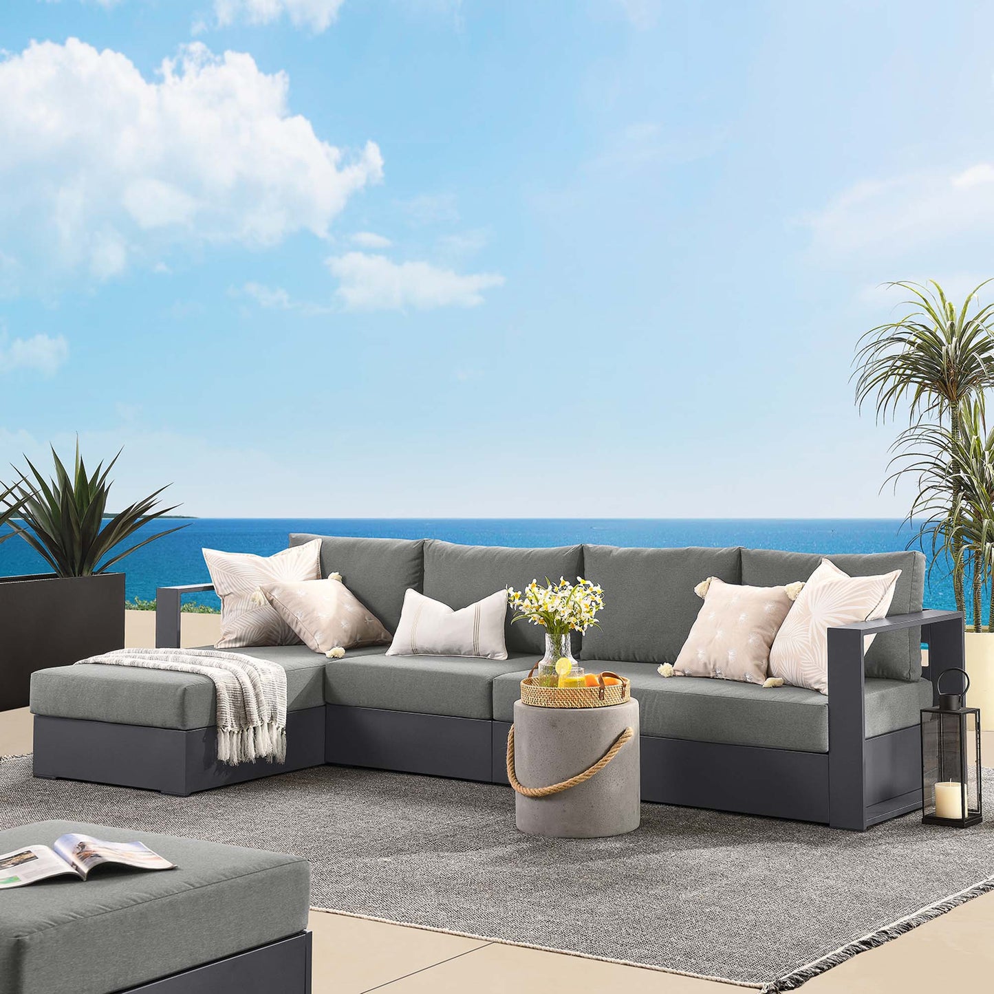 Tahoe 3-Piece Outdoor Patio Powder-Coated Aluminum Left-Facing Chaise Sectional Sofa Set in Gray Charcoal by Modway (6672)