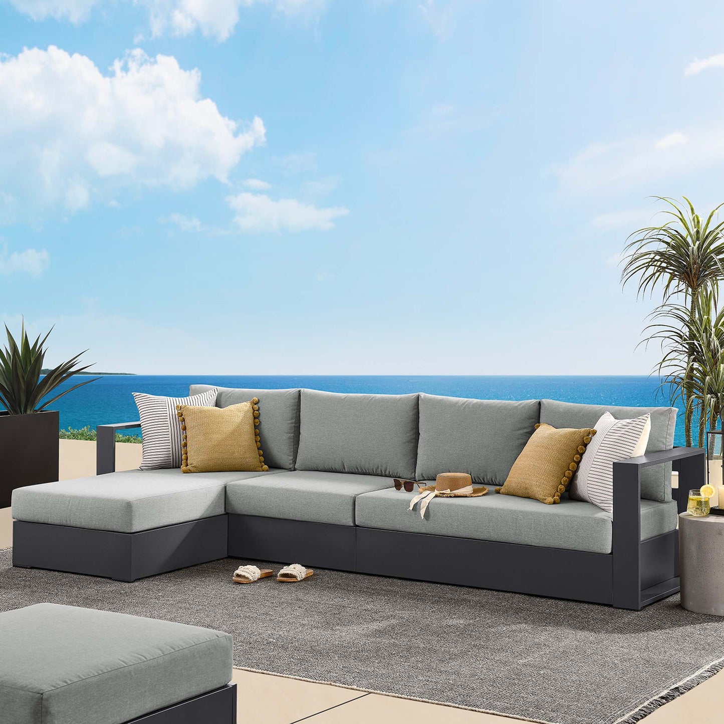 Tahoe 3-Piece Outdoor Patio Powder-Coated Aluminum Left-Facing Chaise Sectional Sofa Set in Gray Gray by Modway (6672)