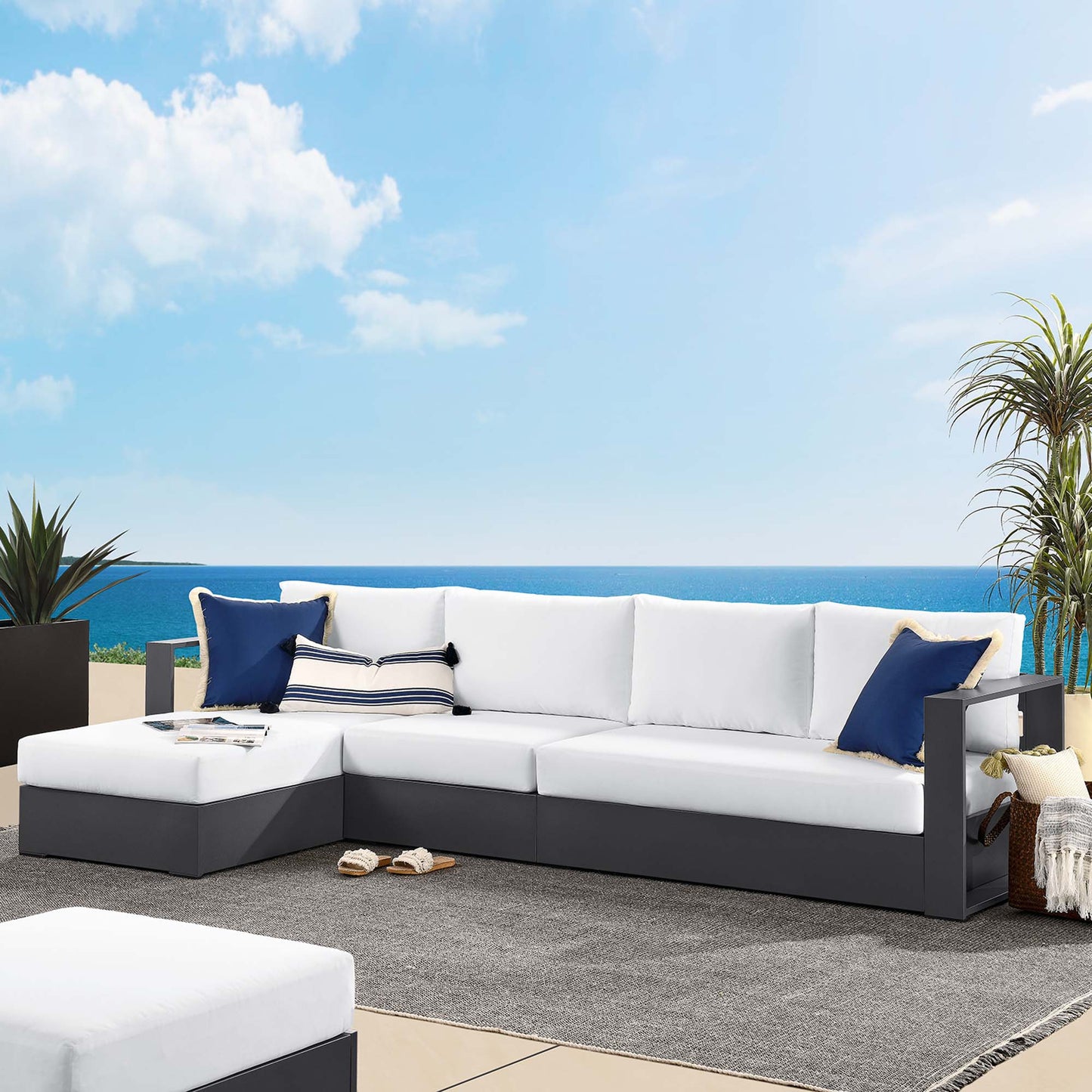 Tahoe 3-Piece Outdoor Patio Powder-Coated Aluminum Left-Facing Chaise Sectional Sofa Set in Gray White by Modway (6672)