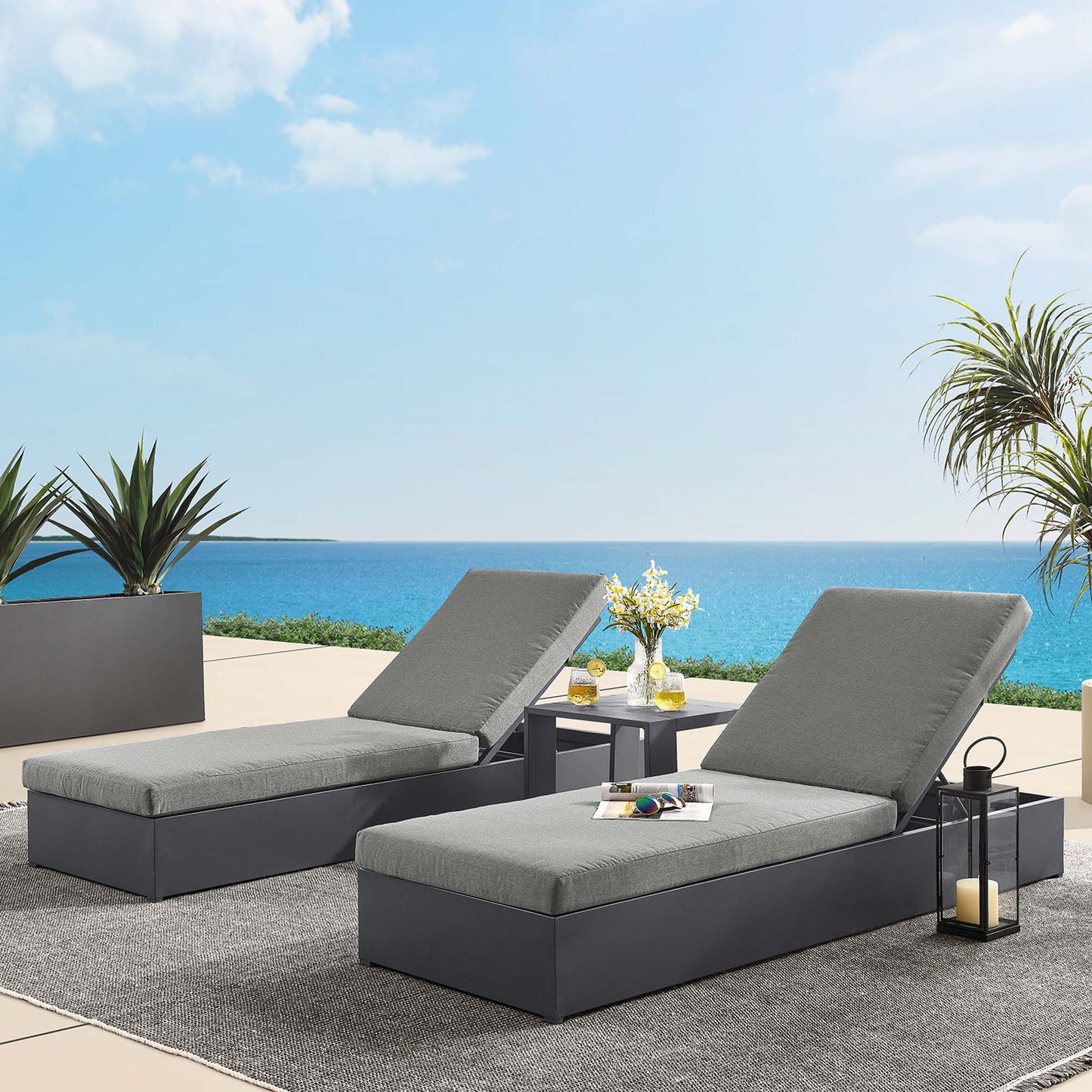 Tahoe 3-Piece Outdoor Patio Powder-Coated Aluminum Chaise Lounge Set in Gray Charcoal by Modway (6673)