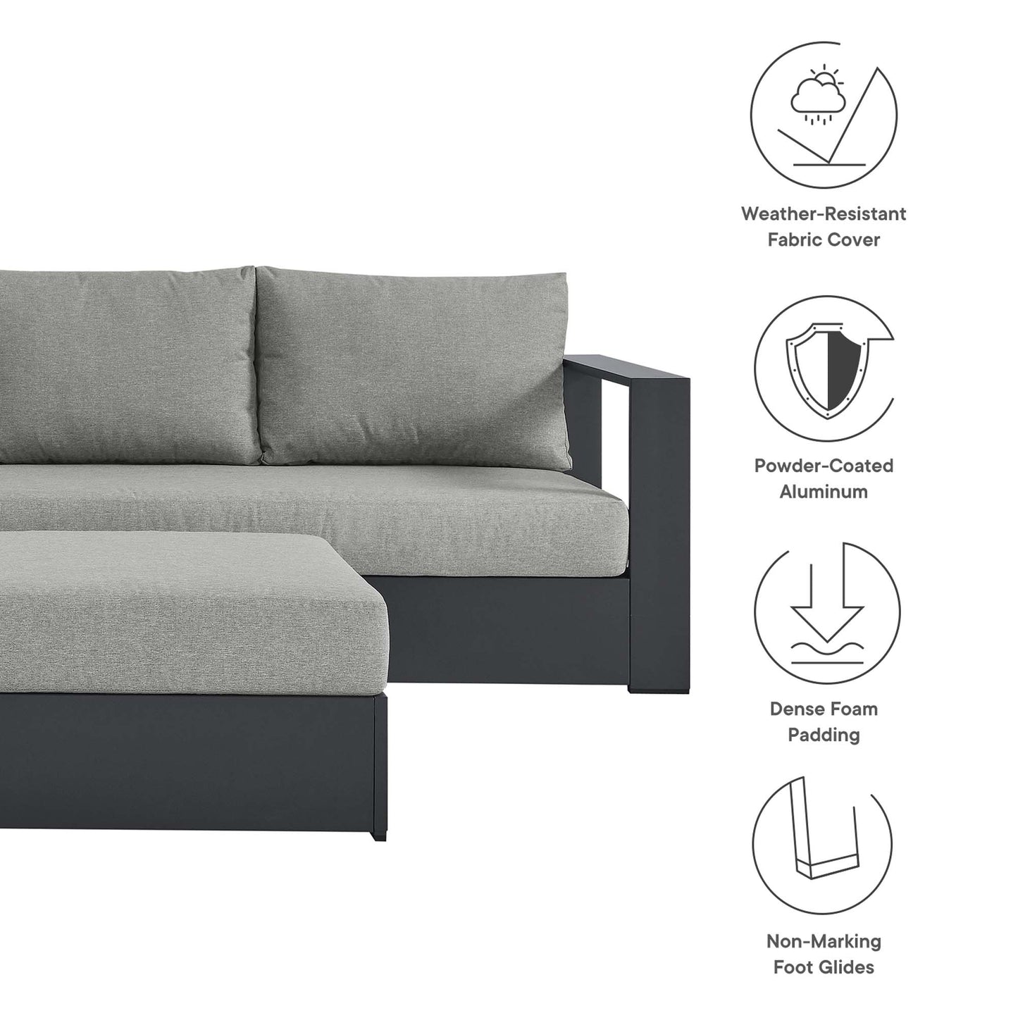 Tahoe 5-Piece Outdoor Patio Powder-Coated Aluminum Sectional Sofa Set in Gray Gray by Modway (6674)