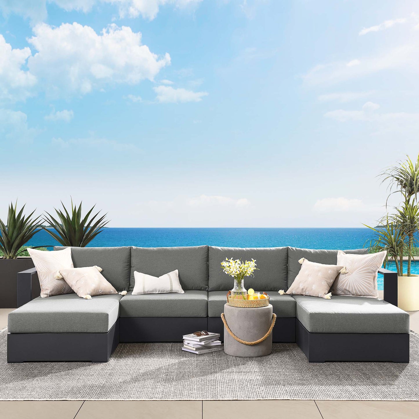 Tahoe 4-Piece Outdoor Patio Powder-Coated Aluminum Sectional Sofa Set in Gray Charcoal by Modway (6676)