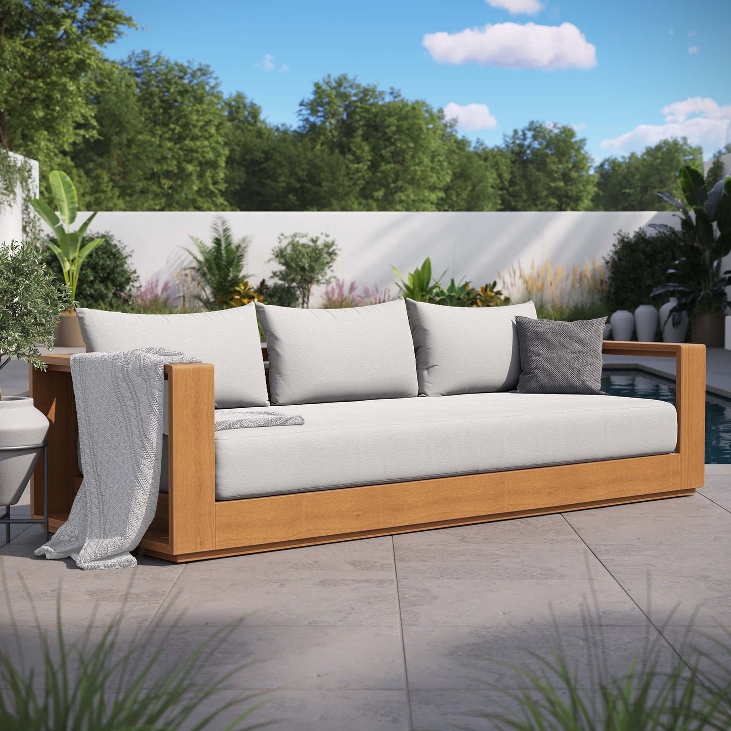 Tahoe Outdoor Patio Acacia Wood Sofa in Natural Light Gray by Modway (6784)